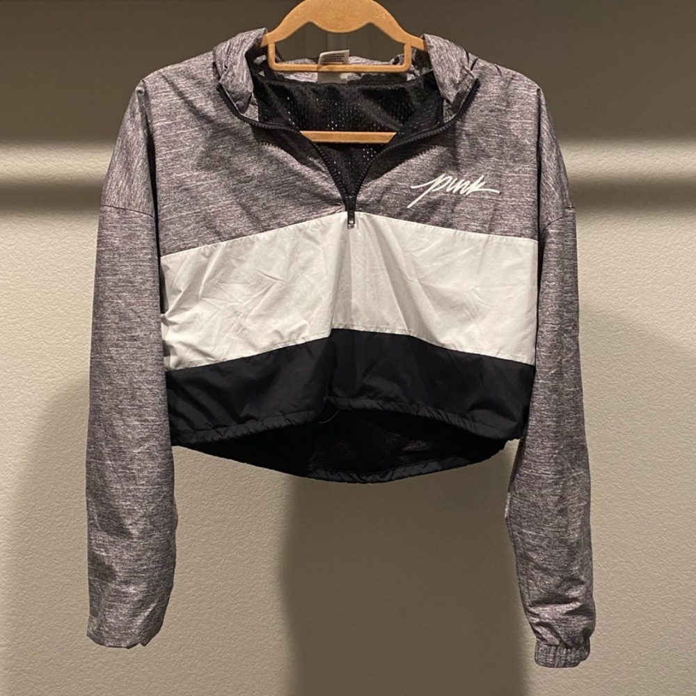 PINK Victoria's Secret Gray and Black Color-Block cropped jacket